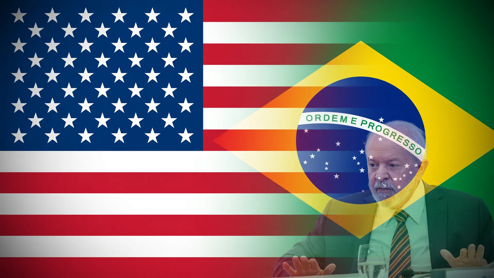 Bandeiras dos EUA e do Brasil simbolizam tensão da tarifa dos EUA sobre Brasil no comércio bilateral