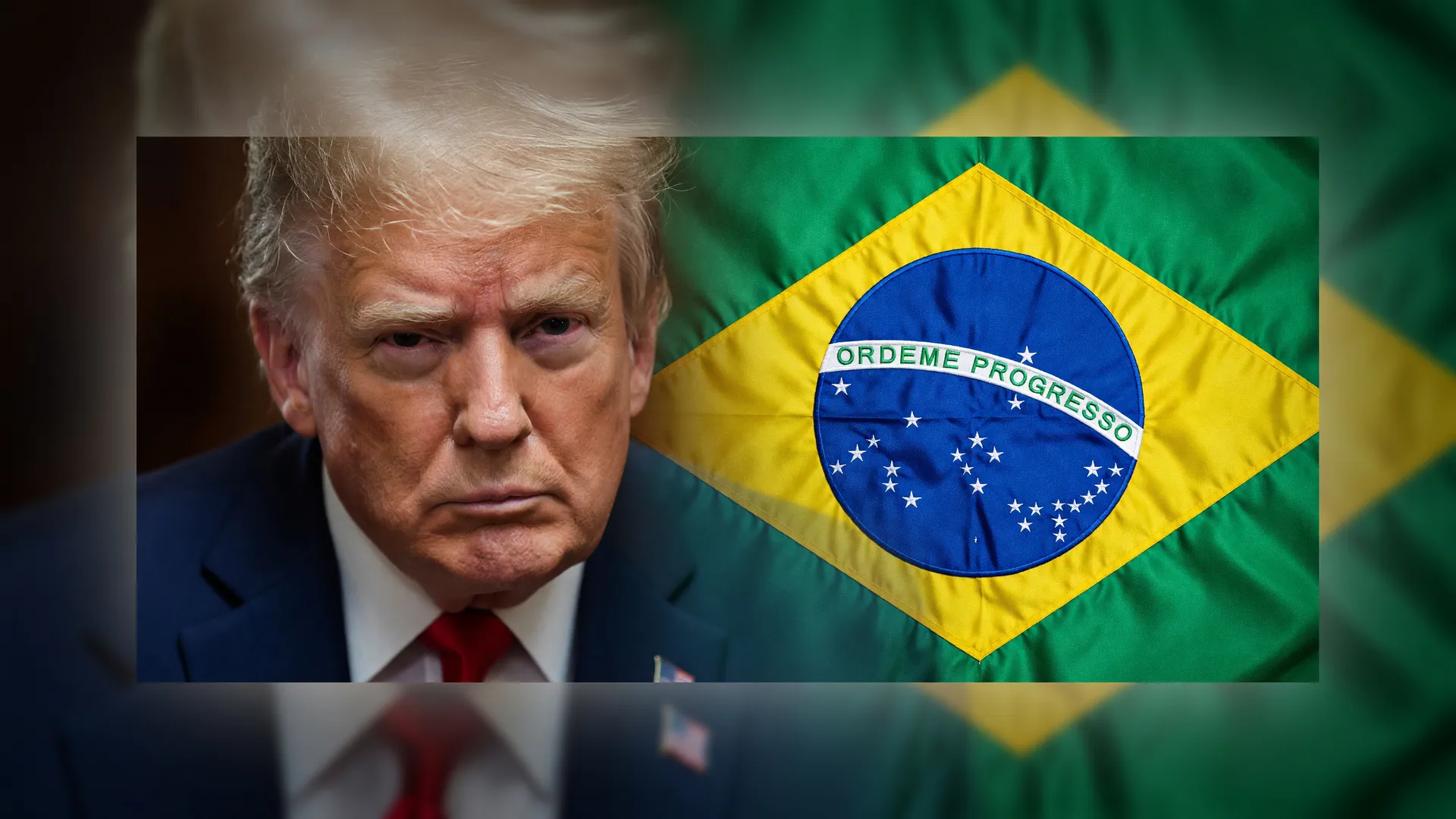 Trump ao lado da bandeira do Brasil ilustra a tarifa dos EUA trabalho forçado imposta ao país