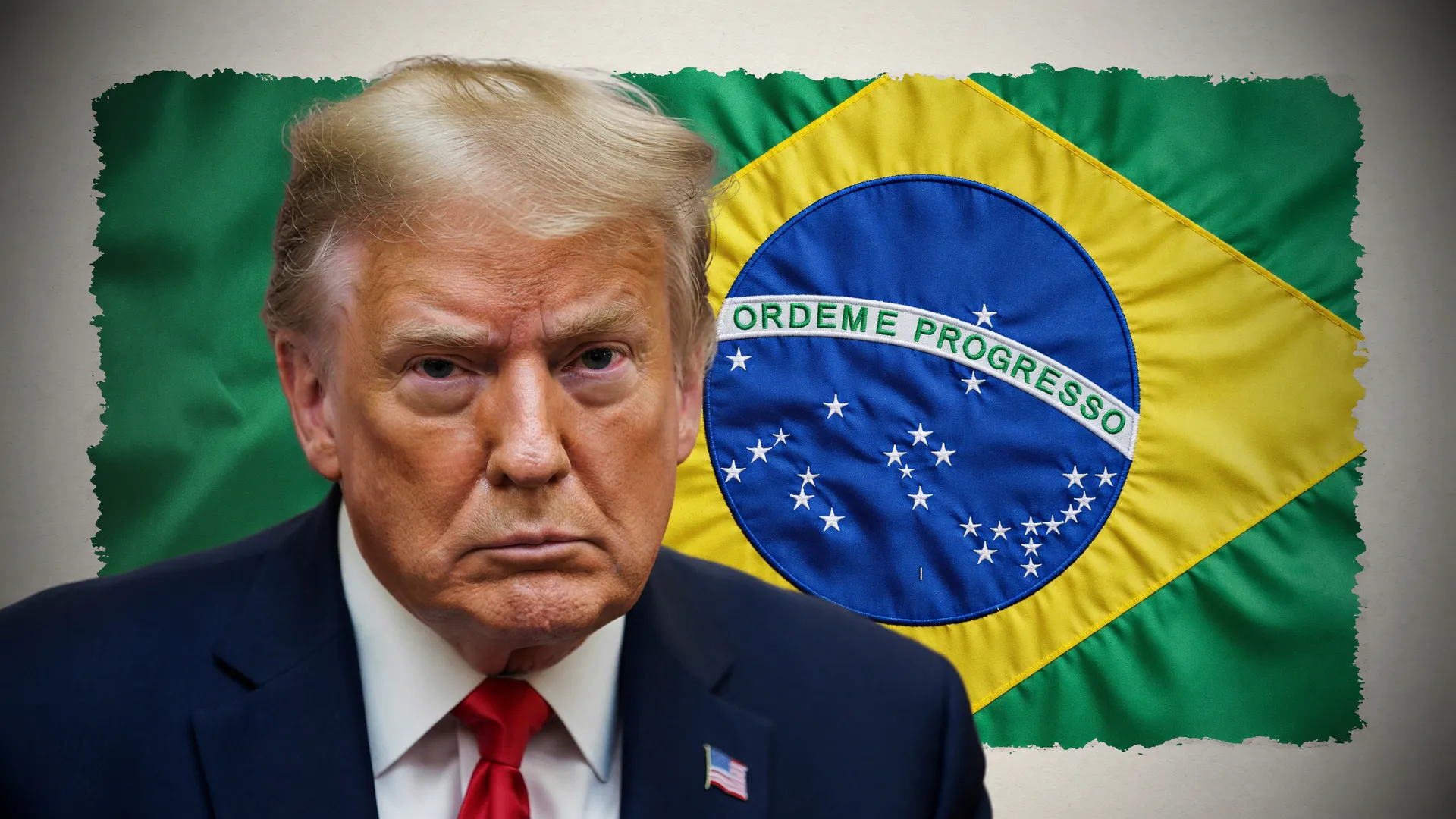 Trump ao lado da bandeira do Brasil ilustra o tarifaço de 25% ao Brasil imposto pelos EUA