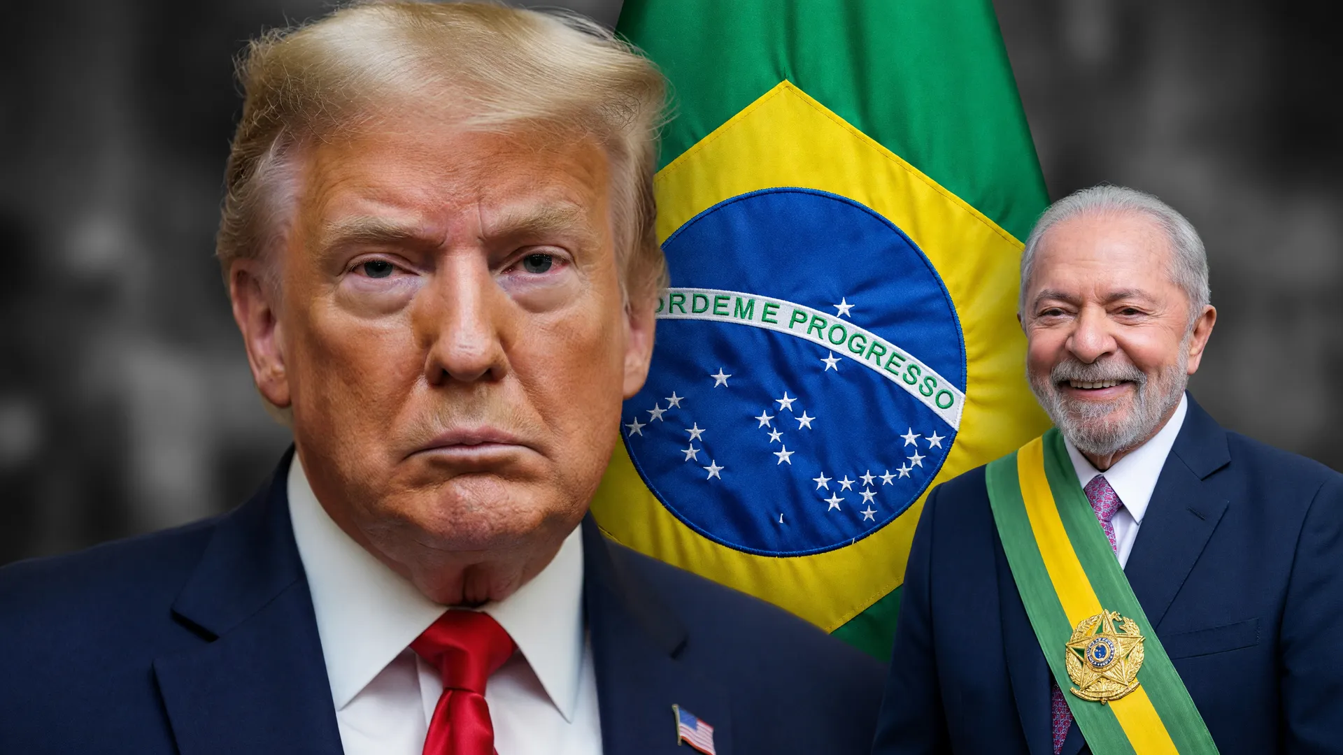 Trump ao lado da bandeira do Brasil simboliza o tarifaço de Trump contra o Brasil e a tensão comercial