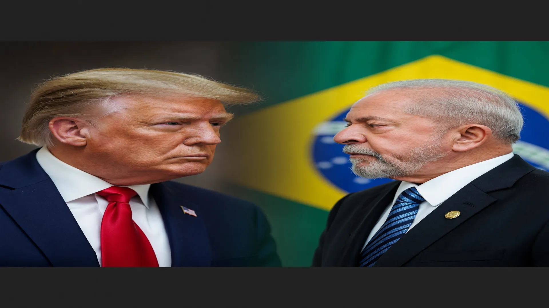 Retrato de Trump e Lula lado a lado representa o tarifaço de Trump no Brasil e a tensão comercial entre os países.
