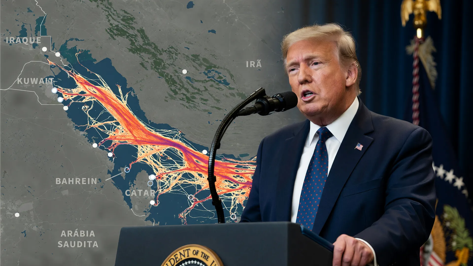 Trump discursa e mapa do Estreito de Ormuz simbolizam tensão global que impulsiona o tarifaço de Trump no Brasil