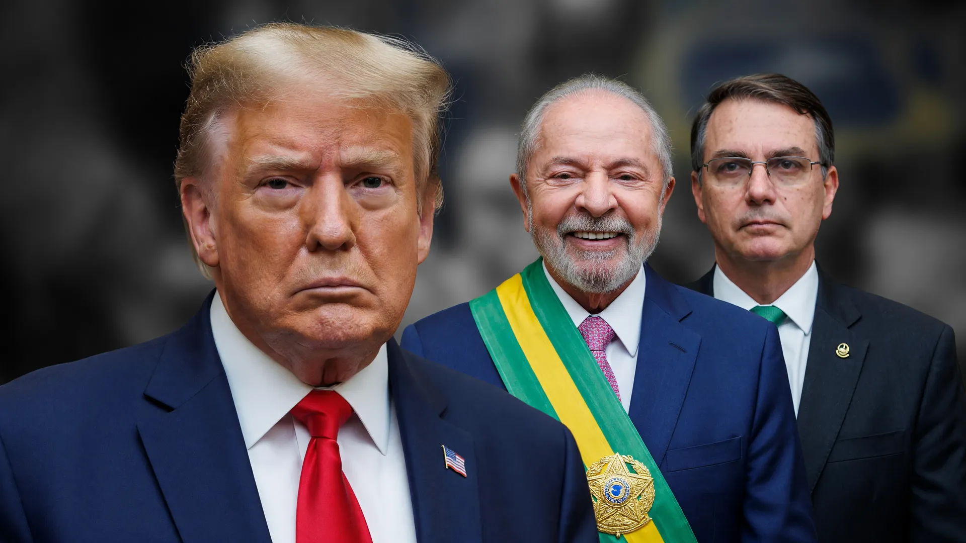 Trump ao lado de Lula e Flávio Bolsonaro simboliza o tarifaço de Trump no Brasil antes da eleição de 2026