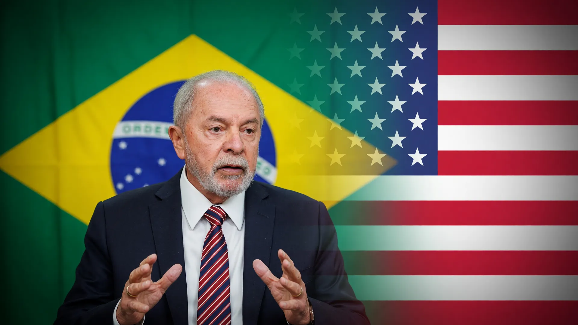 Lula diante das bandeiras do Brasil e dos EUA simboliza o tarifaço dos EUA ao Brasil
