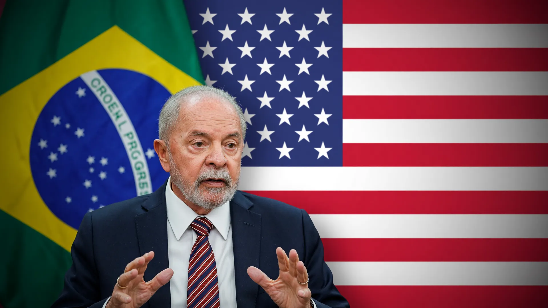 Lula e bandeira dos EUA simbolizam o tarifaço dos EUA ao Brasil em meio à disputa sobre o Pix