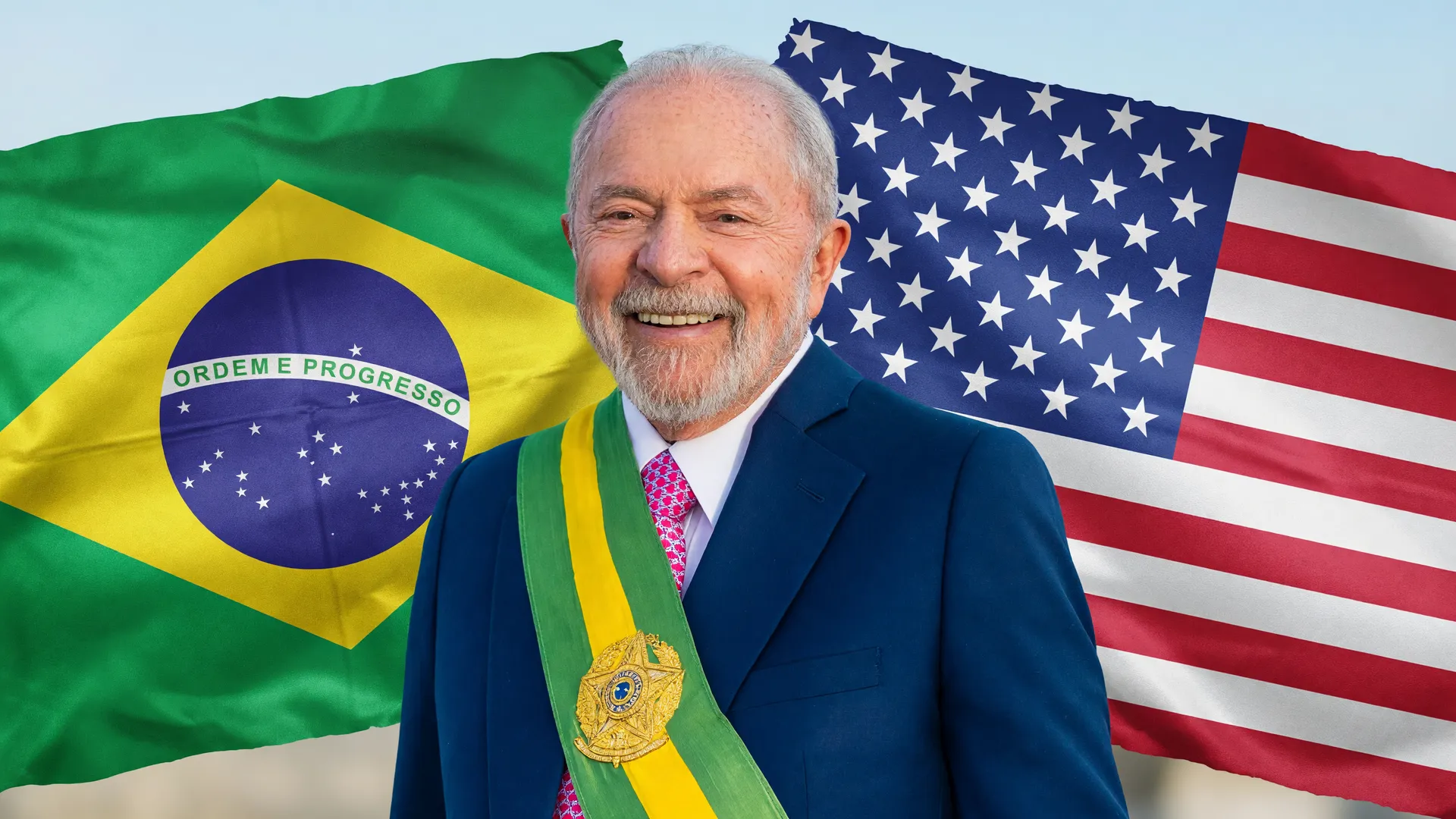 Lula entre bandeiras do Brasil e dos EUA ilustra o tarifaço dos EUA no Brasil