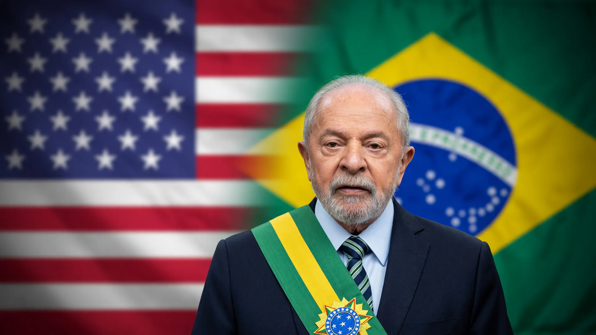 Lula entre as bandeiras do Brasil e dos EUA, simbolizando o tarifaço dos EUA sobre Brasil