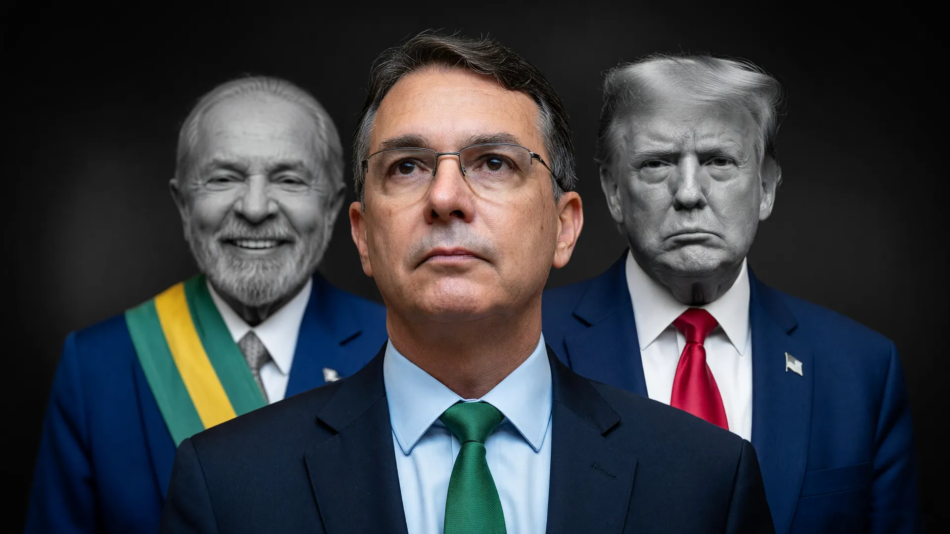 Tarifaço prejudica campanha Flávio Bolsonaro, com Trump e Lula ao fundo simbolizando a crise política