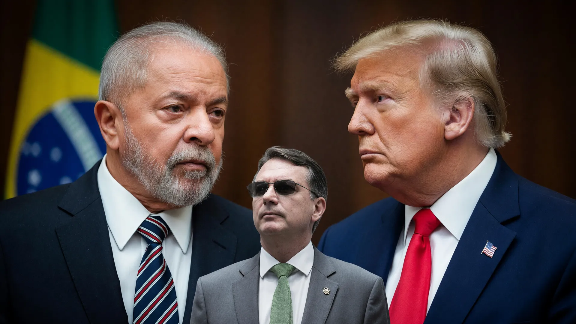 Lula e Trump em lados opostos simbolizam o tarifaço Trump eleições 2026, com Flávio Bolsonaro ao fundo