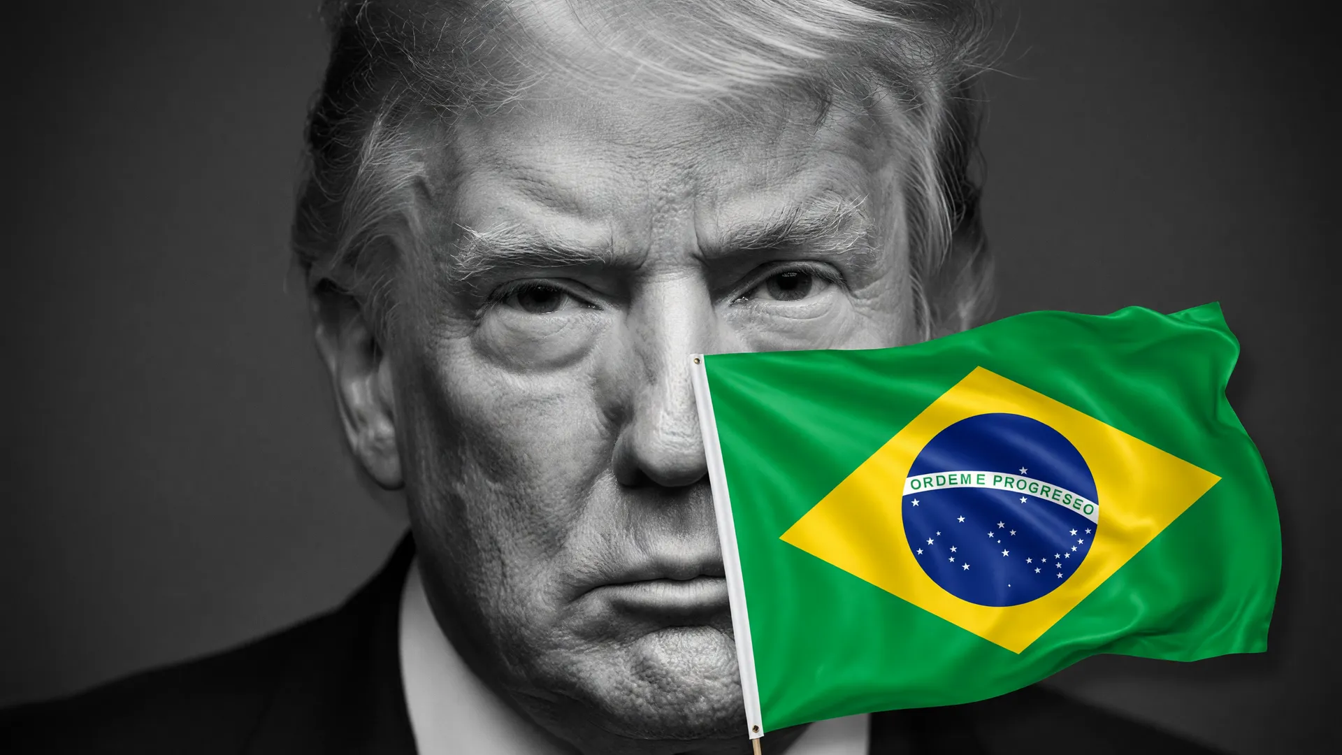 Trump ao lado da bandeira do Brasil simboliza as tarifas dos EUA contra Brasil impostas pelo governo americano