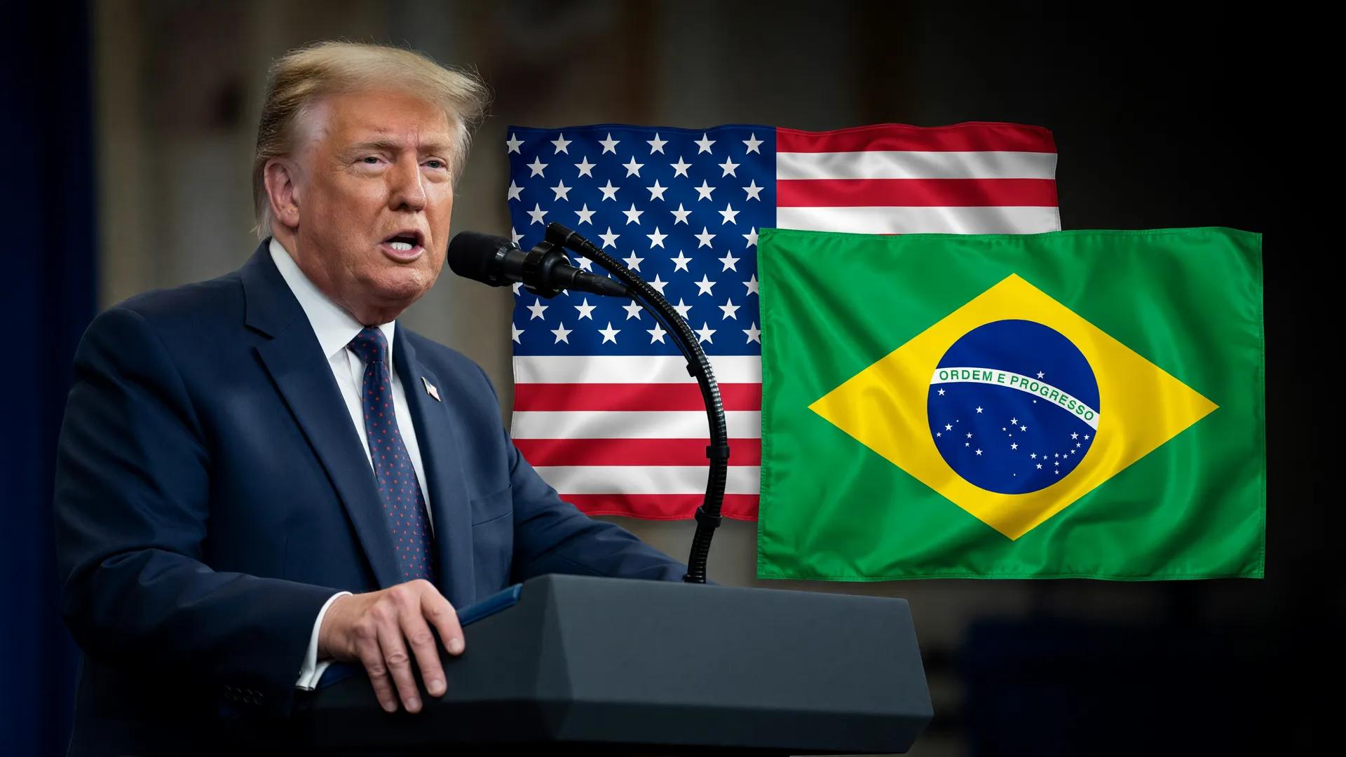 Trump ao lado das bandeiras dos EUA e do Brasil ilustra as tarifas dos EUA exportações brasileiras