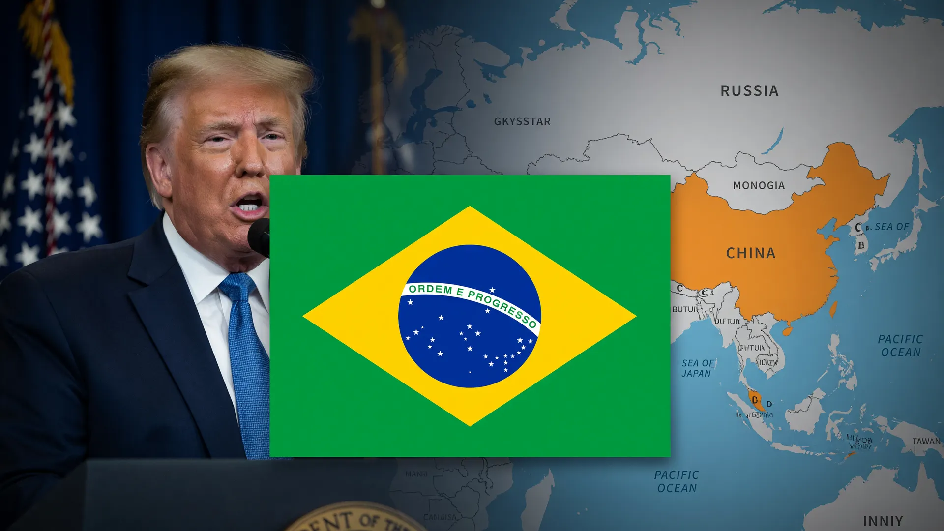Trump, bandeira do Brasil e mapa da China simbolizam tarifas EUA Brasil exportações e novos parceiros comerciais.