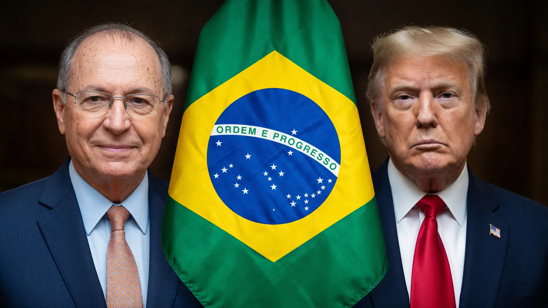 Alckmin e Trump em embate sobre tarifas EUA exportações brasileiras com bandeira do Brasil