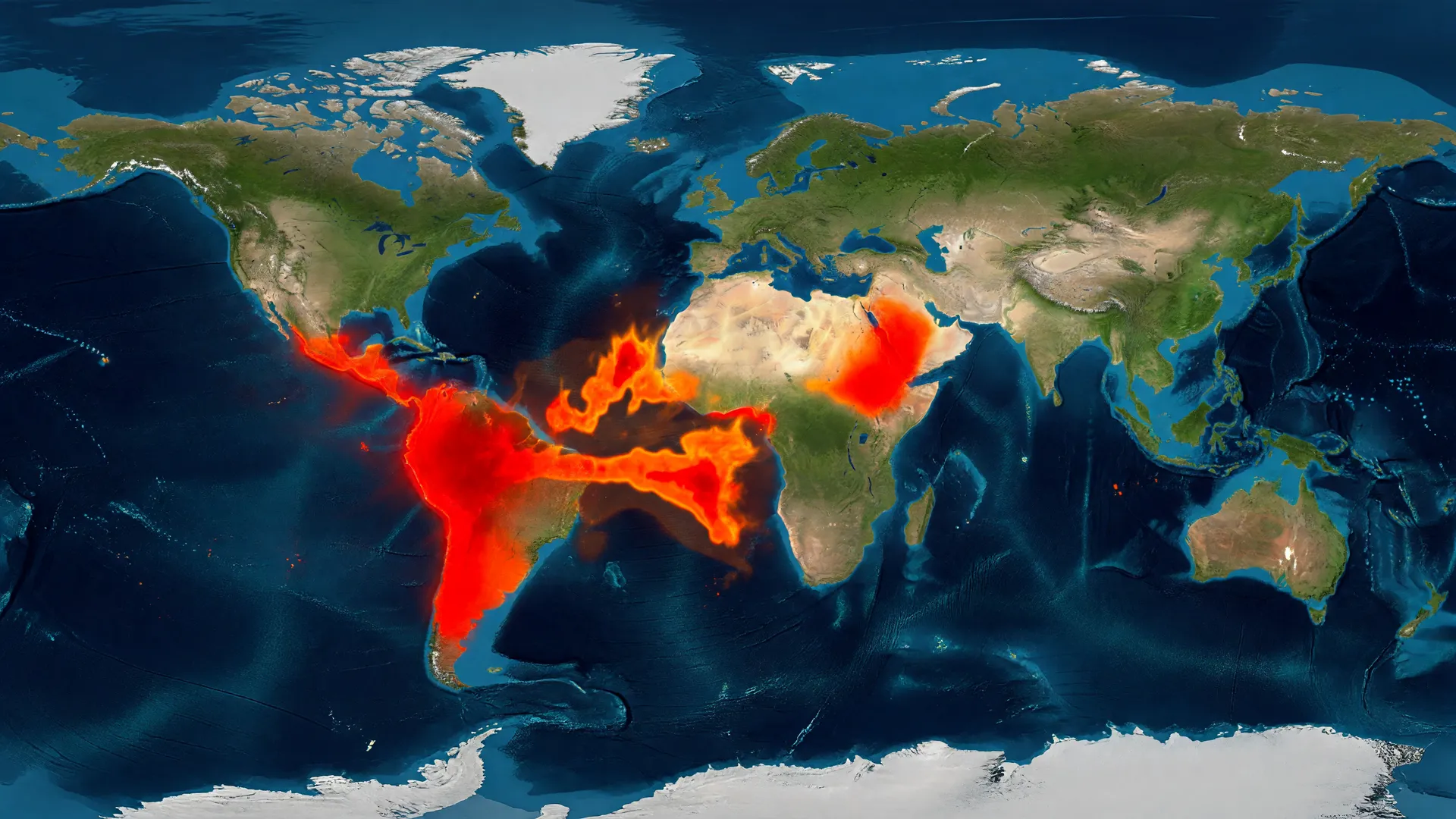 Mapa dos oceanos com anomalias térmicas vermelhas e laranjas representando temperatura recorde oceanos El Niño 2026