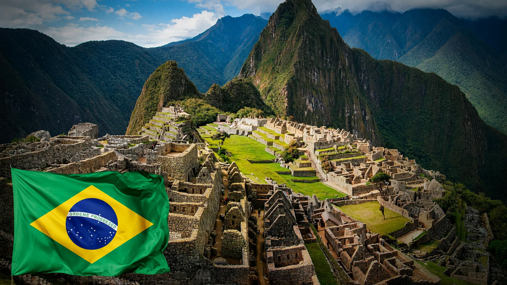 Vista aérea de Machu Picchu com bandeira do Brasil ao fundo, evocando o terremoto na fronteira Peru-Brasil