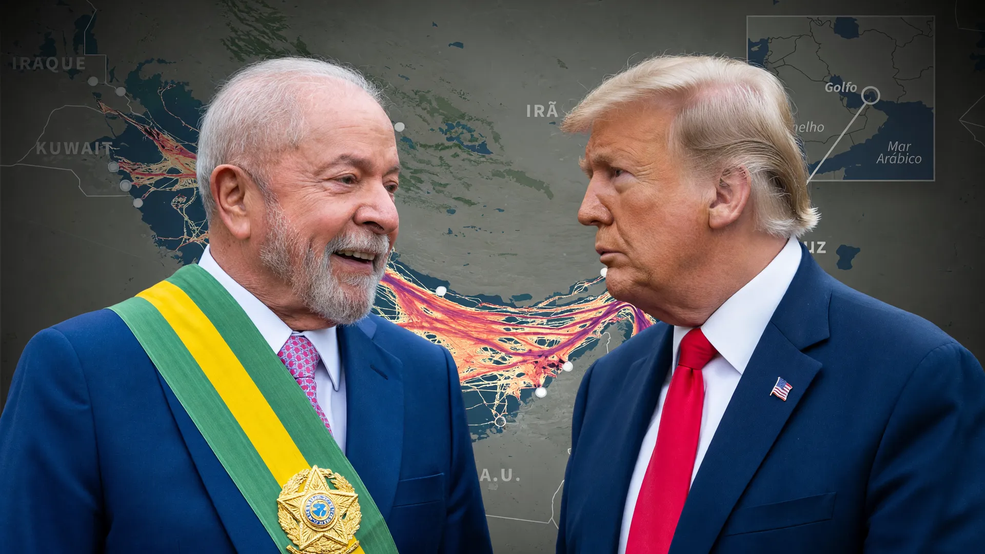 Lula e Trump em impasse diplomático sobre Trump cobrar 20% Estreito de Ormuz, com mapa da rota marítima ao fundo