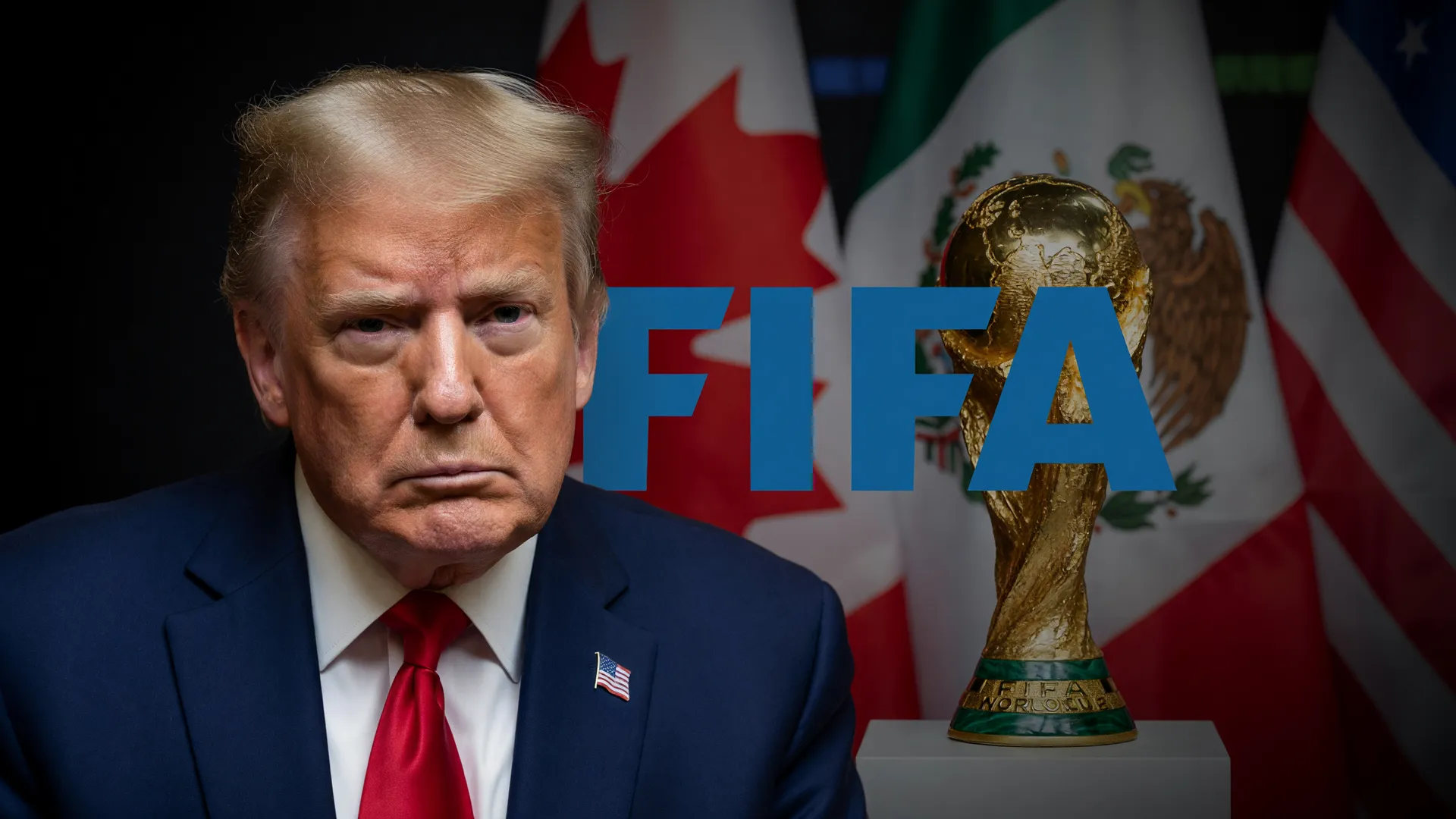 Retrato de Trump com símbolos da FIFA e Copa 2026, representando intervenção política em decisões do campeonato