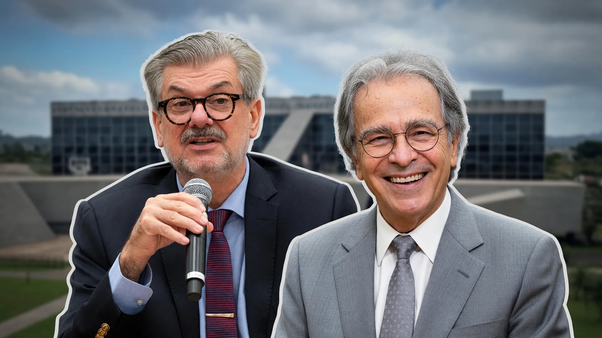 Marco Buzzi e Ribeiro, ministros investigados por venda de sentenças no STJ, com sede do tribunal ao fundo