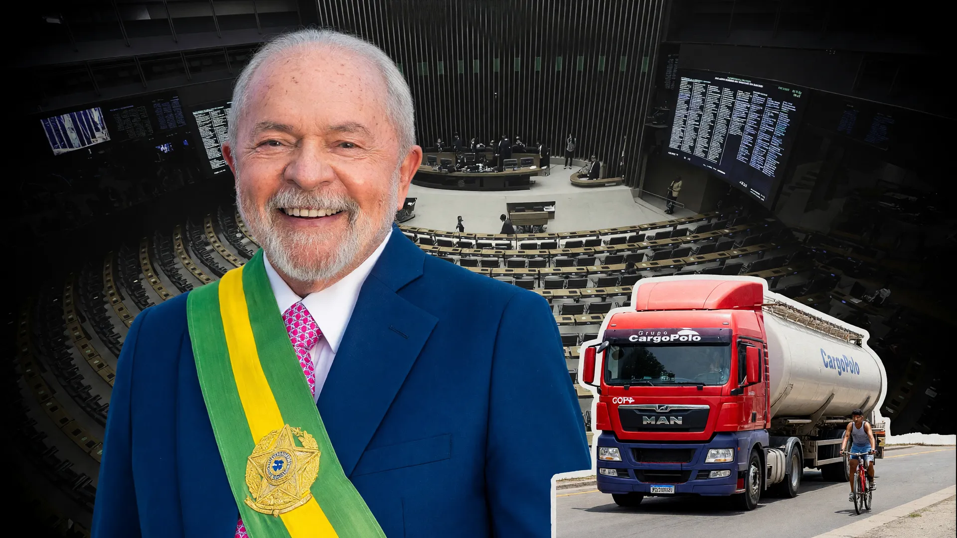 Lula, plenário da Câmara e caminhoneiros em protesto — veto anistia multas caminhoneiros