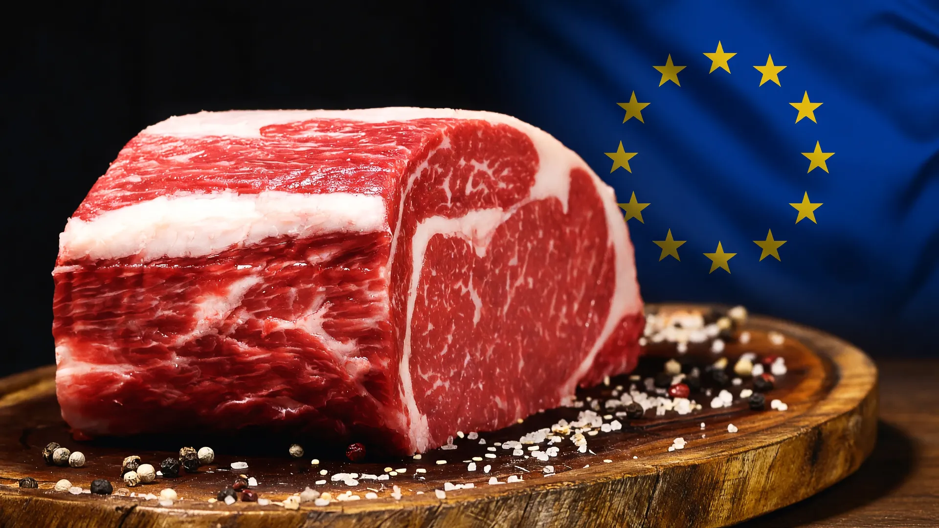 Carne bovina e bandeira da UE representando veto à carne brasileira antimicrobianos