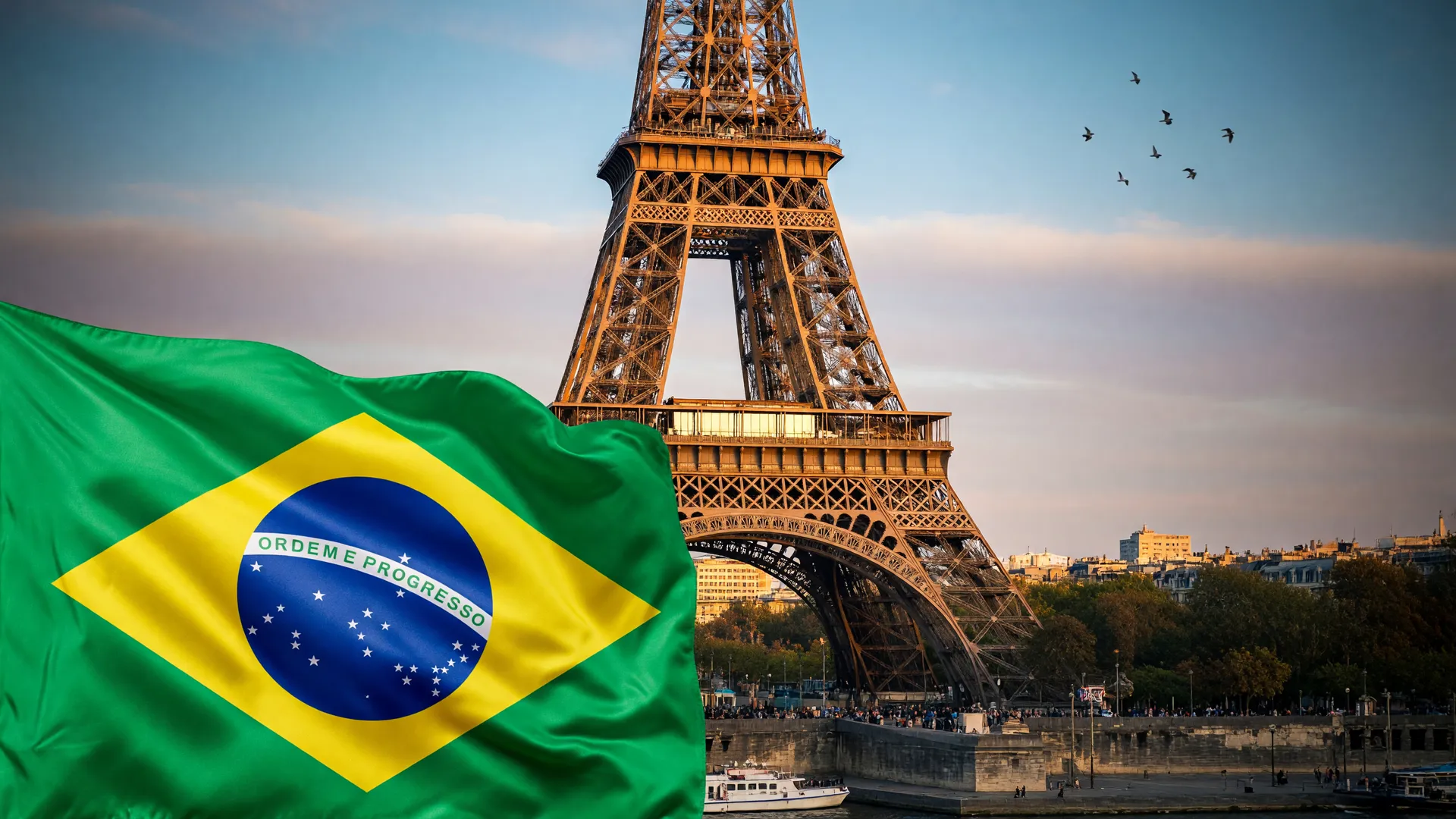 Bandeira do Brasil e Torre Eiffel simbolizam acordo de viagem sem visto Guiana Francesa