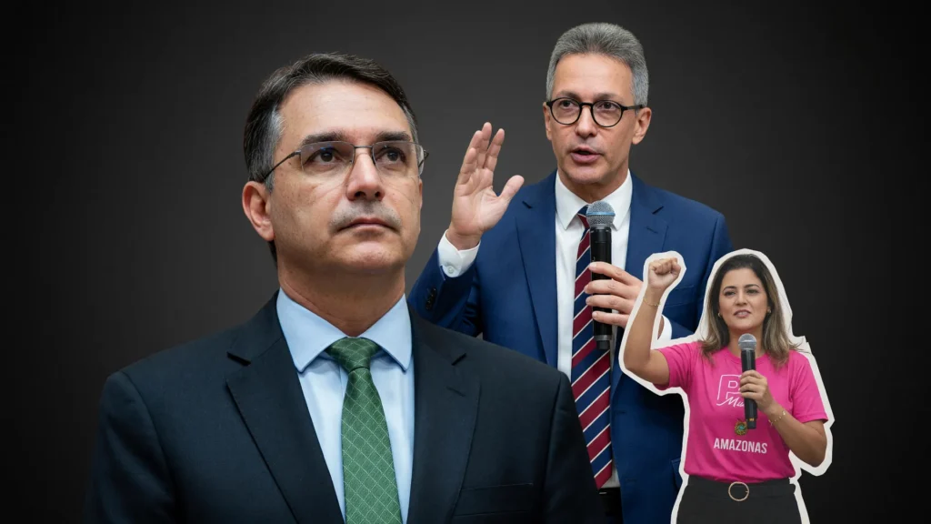 Flávio Bolsonaro e Zema em evidência, refletindo a indefinição sobre o vice de Flávio Bolsonaro nas convenções de 2026