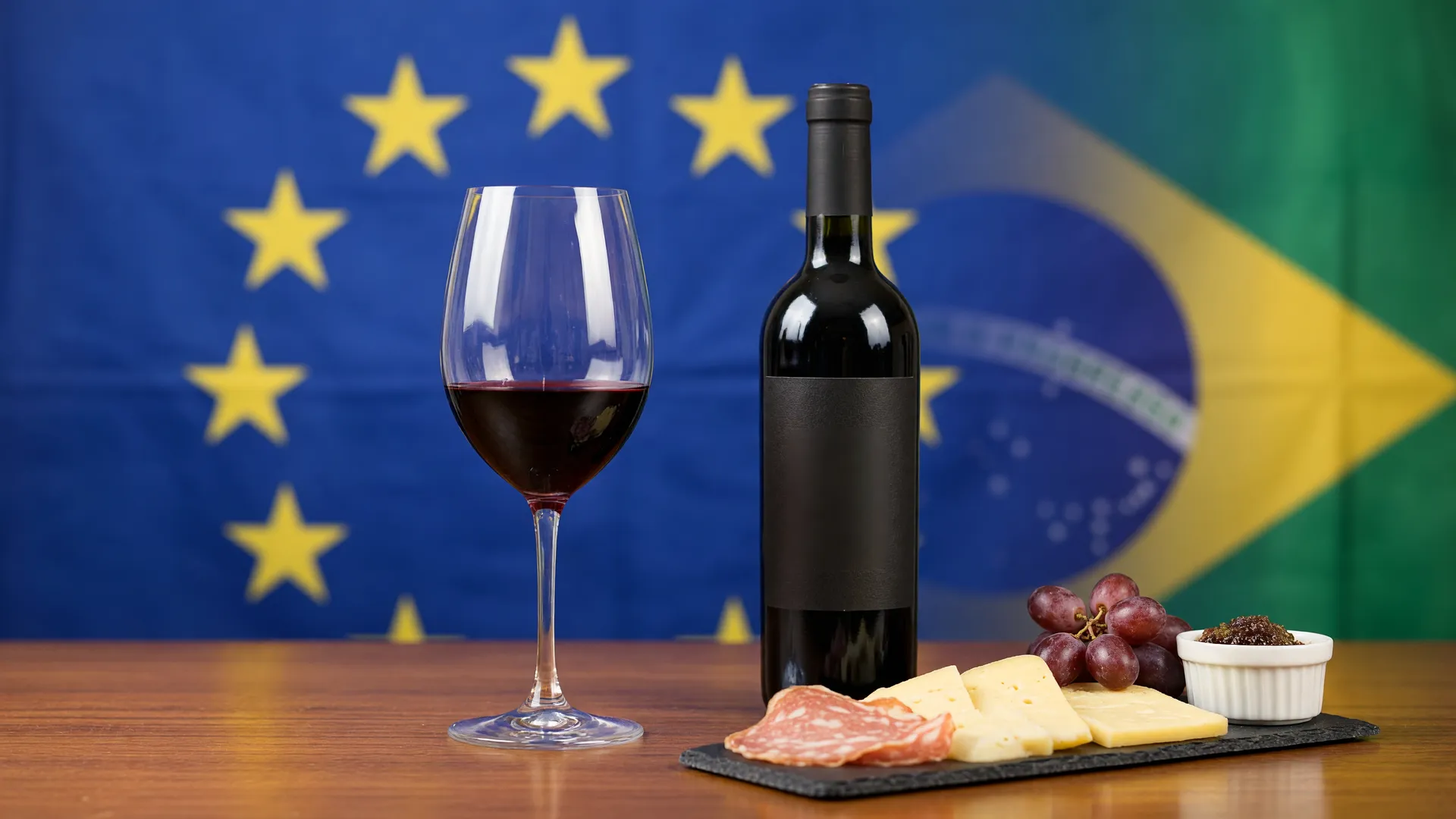 Vinhos importados premium Brasil ganham espaço com taça de vinho e bandeira da UE ao fundo