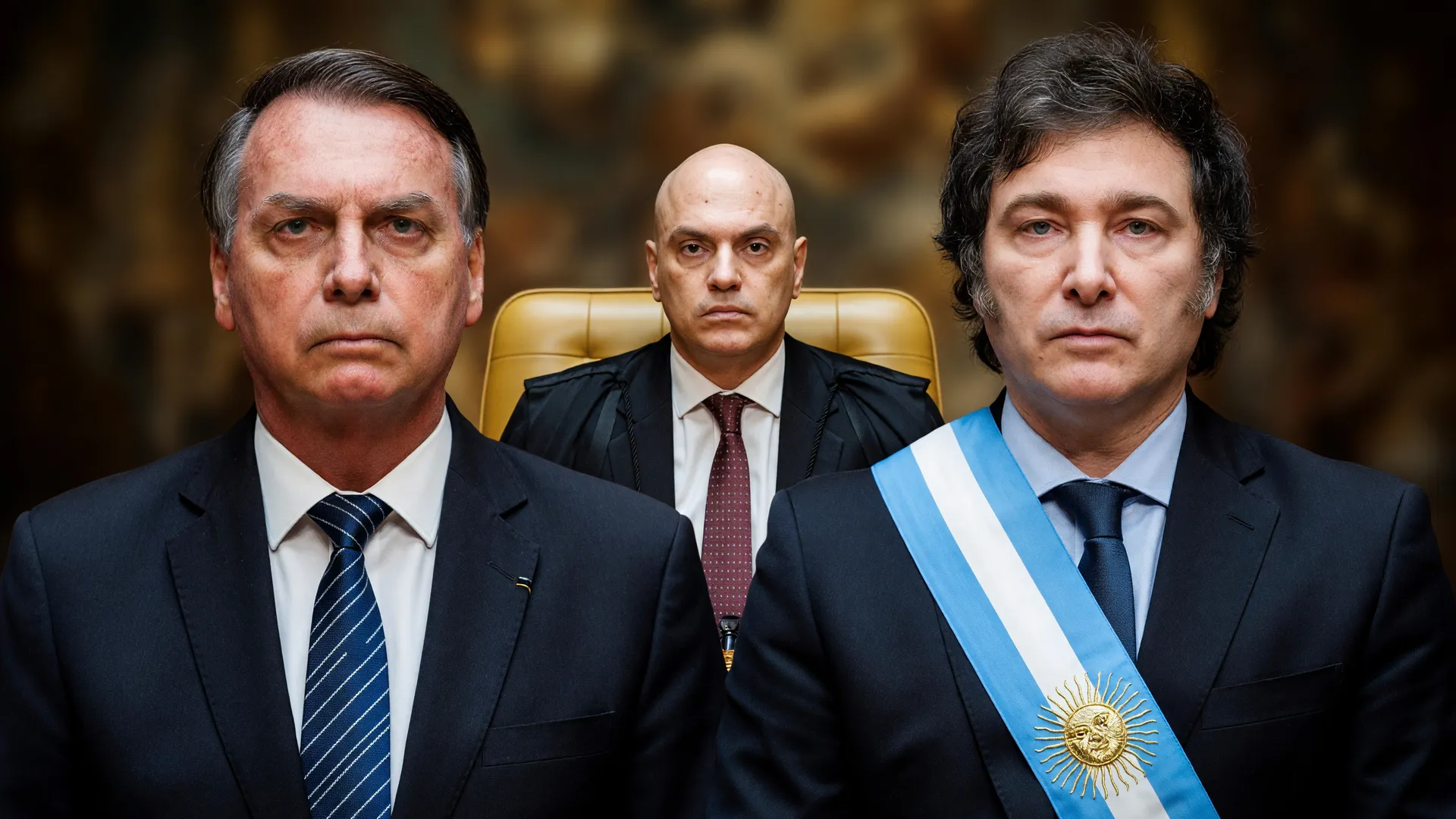Bolsonaro no STF e Milei em retrato oficial ilustram pedido de visita de Milei a Bolsonaro avaliado por Moraes