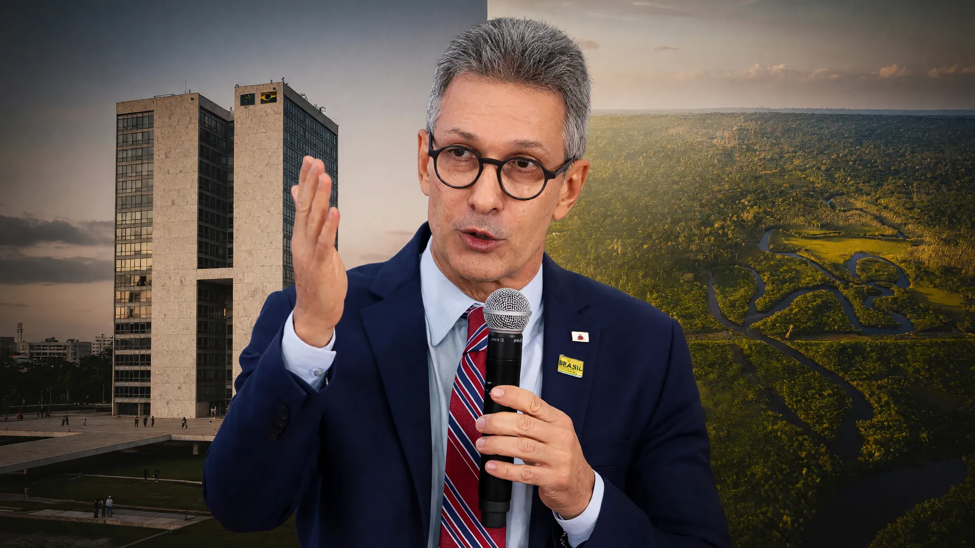 Zema candidato à Presidência 2026 discursa, ao fundo o STF e a Amazônia, simbolizando suas propostas de mudança.