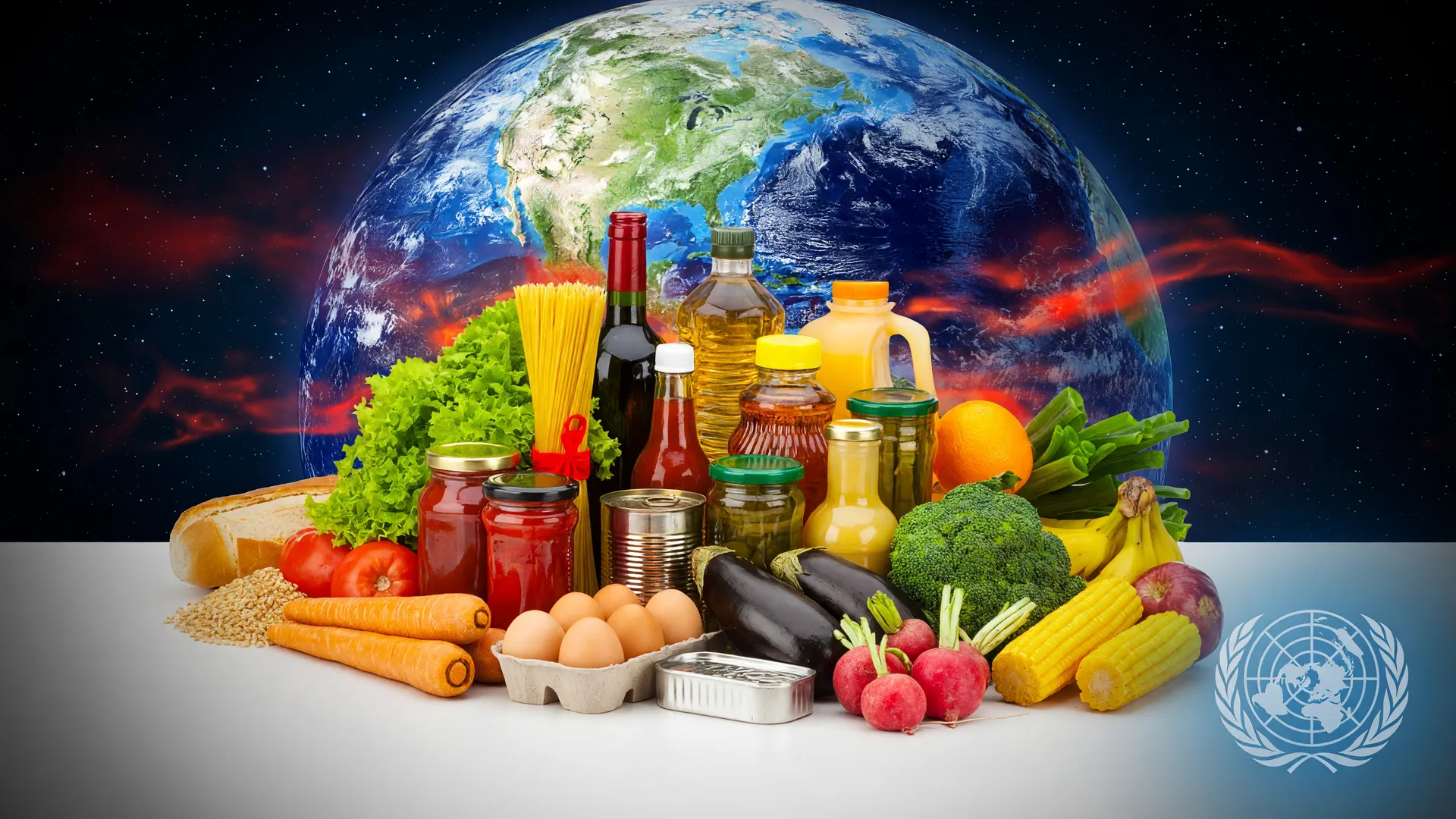 Alimentos variados sob ameaça climática e geopolítica, simbolizando a alta dos alimentos em 2026 prevista pela FAO