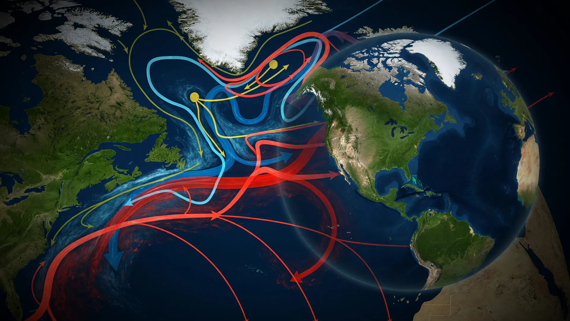 Ilustração de como a AMOC regula o clima global, com correntes oceânicas quentes e frias no Atlântico Norte