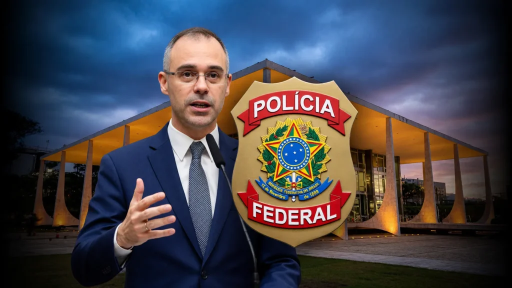 André Mendonça reunião Polícia Federal: ministro gesticula diante do STF e distintivo da PF em composição institucional