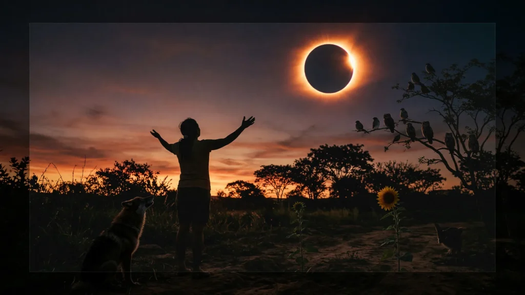Silhueta em campo aberto sob eclipse solar ao entardecer, capturando a reação de animais e plantas durante eclipse