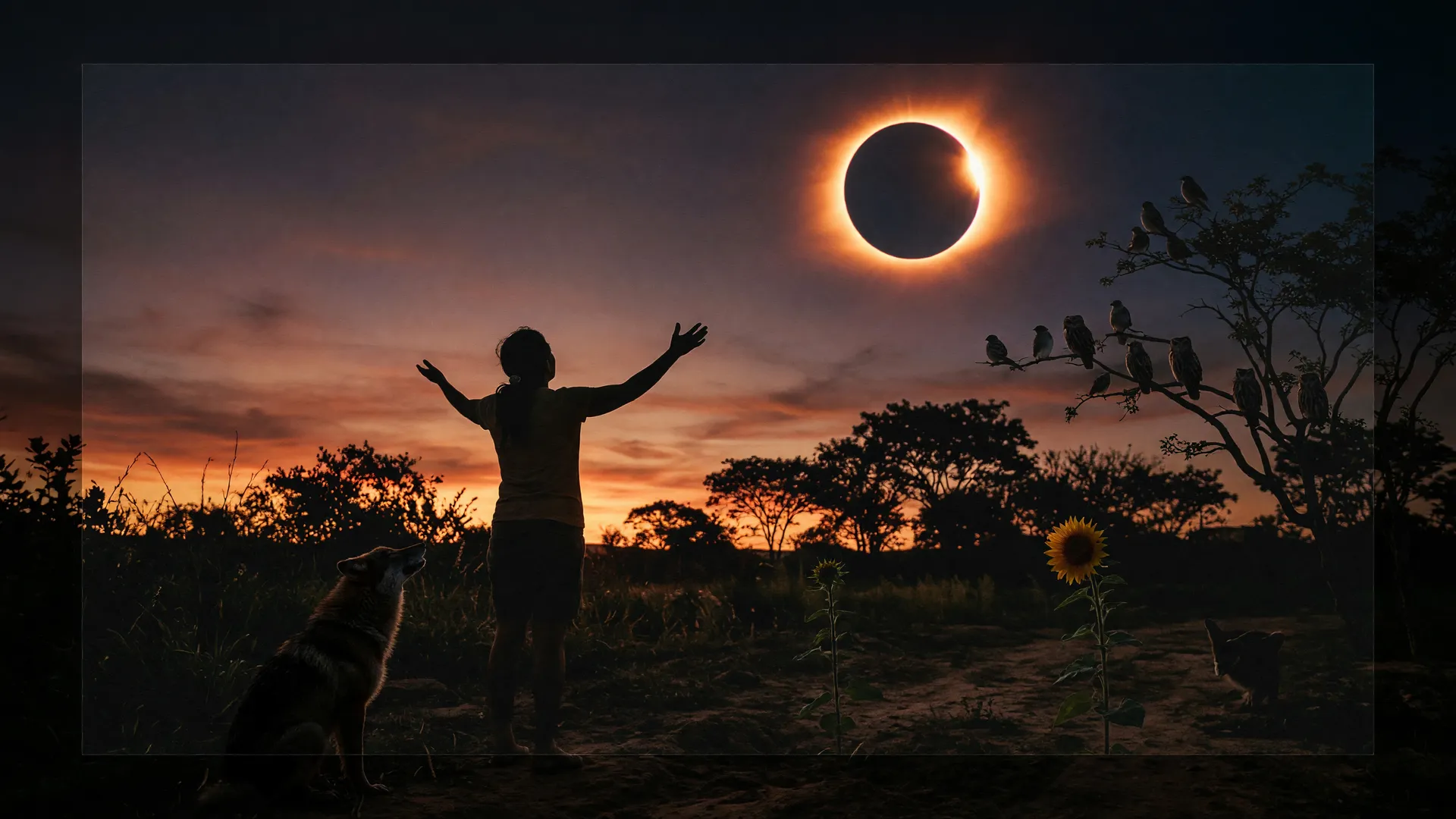 Silhueta em campo aberto sob eclipse solar ao entardecer, capturando a reação de animais e plantas durante eclipse