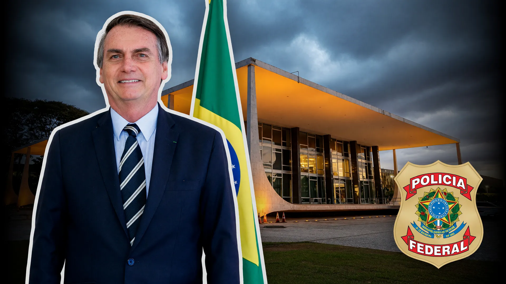 Bolsonaro em retrato oficial, STF ao fundo e brasão da PF — armas de Bolsonaro apreendidas aguardam decisão judicial