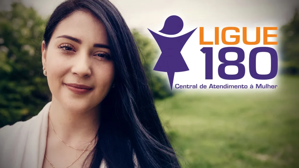 Retrato de mulher ao lado do logotipo Ligue 180, simbolizando os atendimentos Ligue 180 mulheres 2026