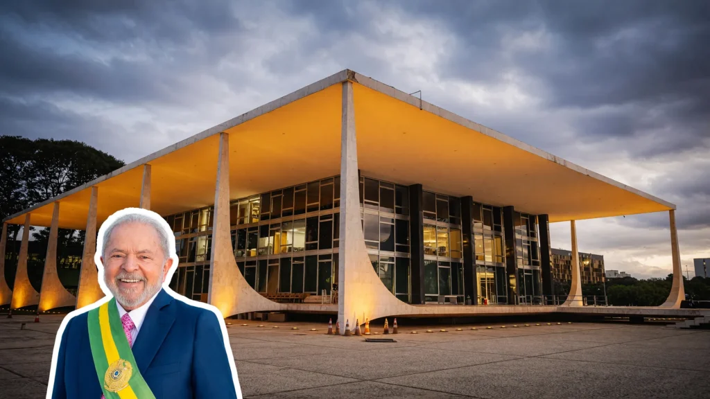 Fachada do STF ao entardecer durante audiência pública sobre Lei Antifacção, com Lula ao fundo