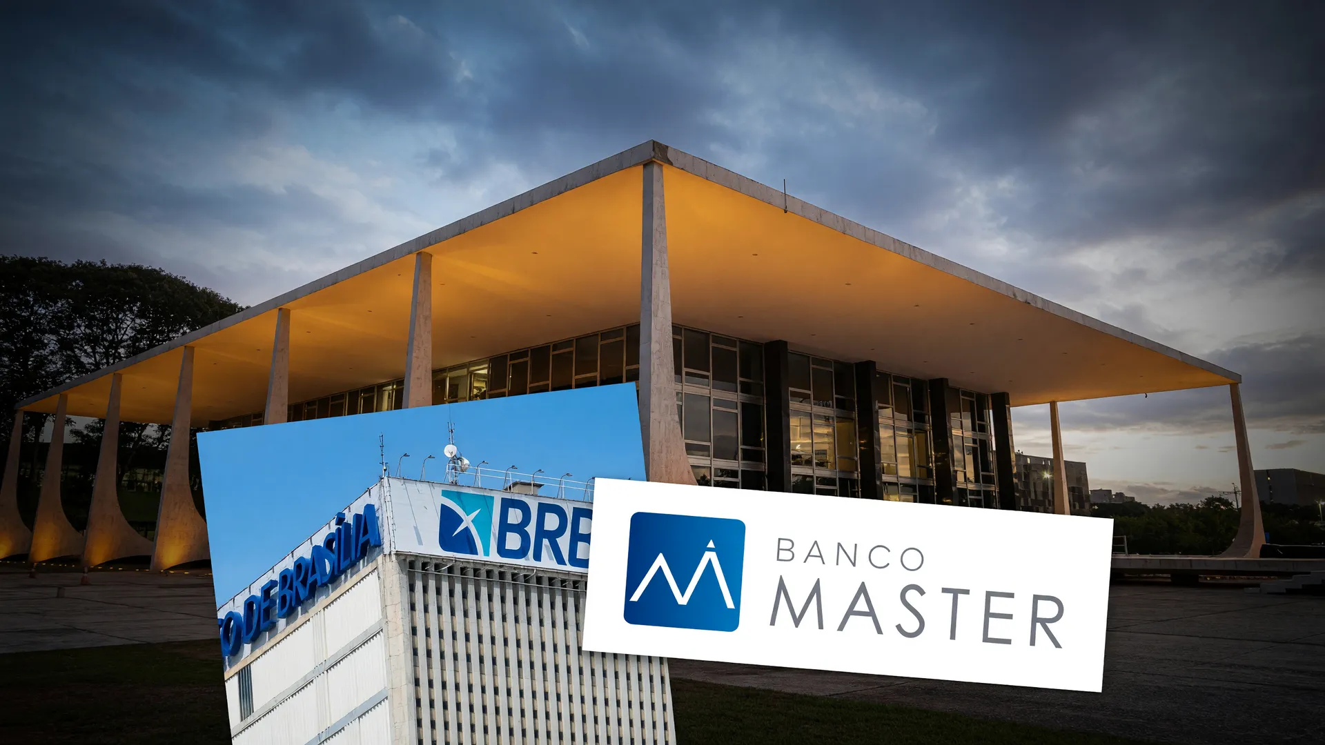 Fachada do STF ao entardecer com logos do BRB e Banco Master — audiência STF empréstimo BRB