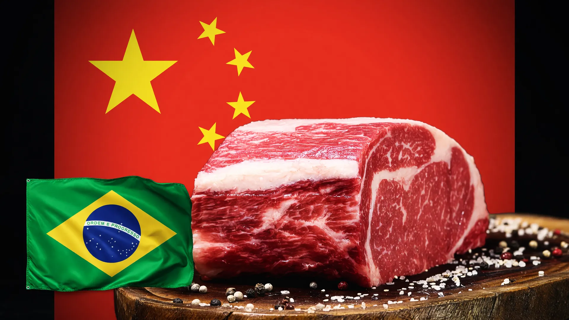 Corte de carne bovina entre bandeiras do Brasil e da China, ilustrando a autossuficiência alimentar da China