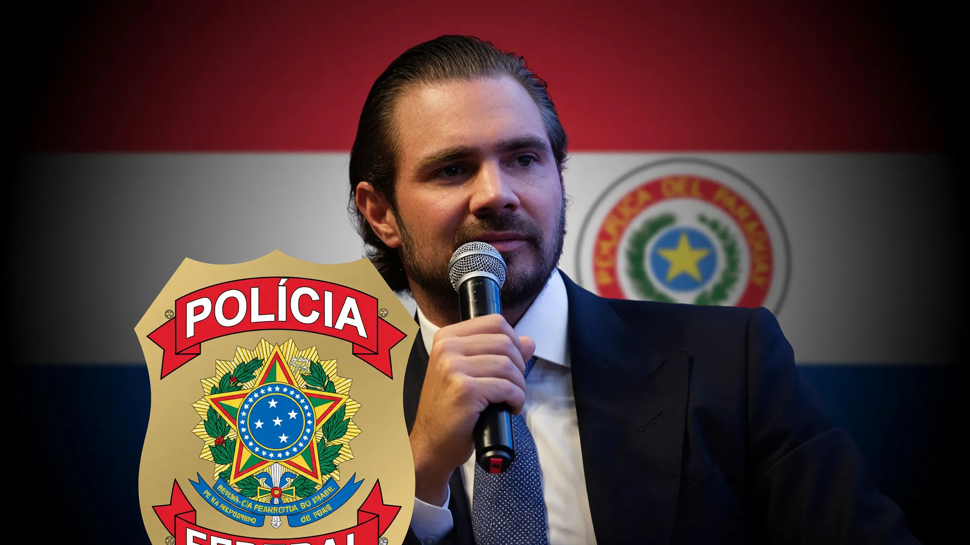 Vorcaro em destaque com brasão da PF e bandeira do Paraguai, representando o caso do avião de Vorcaro no Paraguai