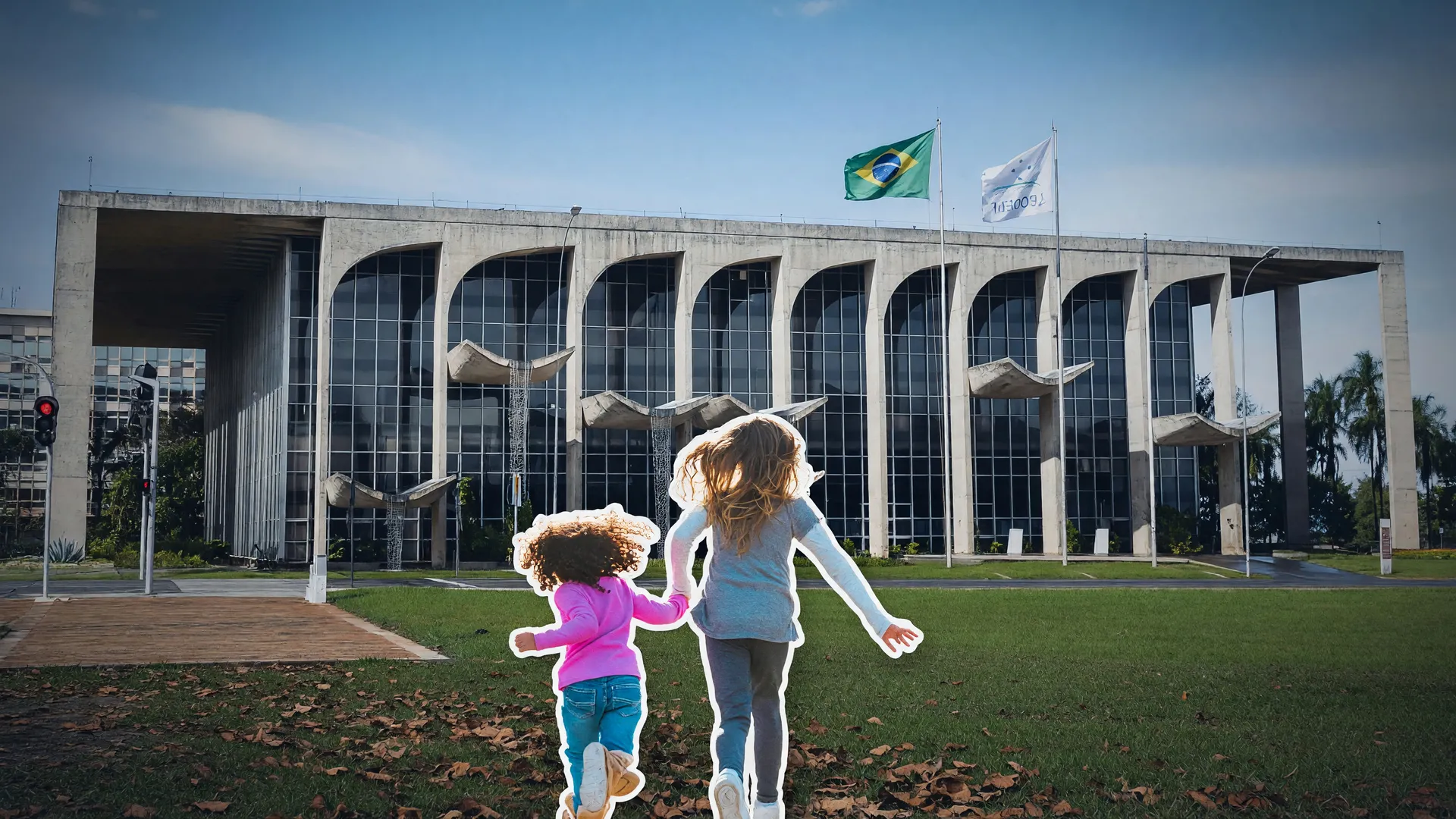 Palácio da Justiça ao fundo e crianças em destaque, representando o bloqueio de sites de deepnude no Brasil