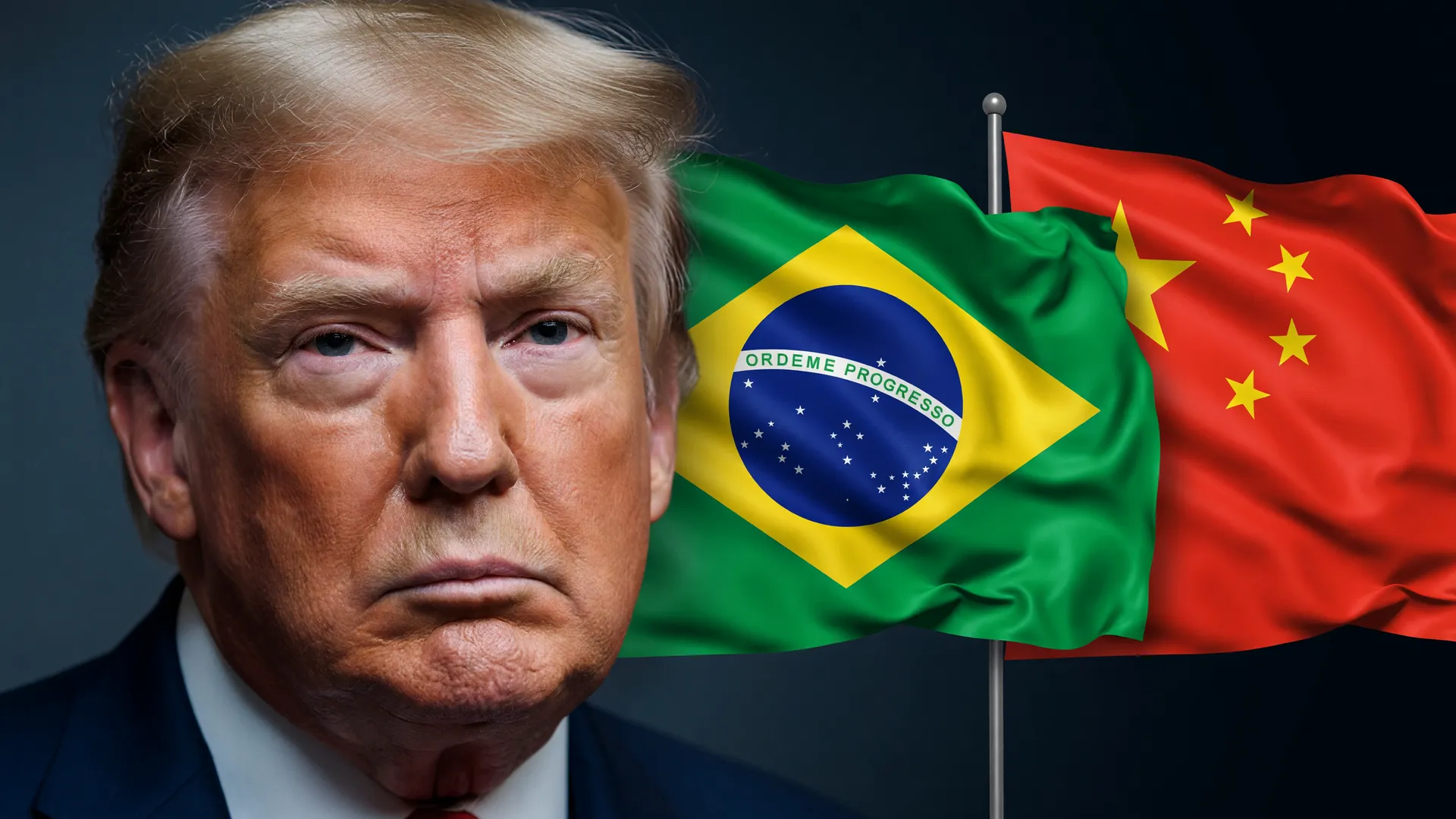 Trump ao lado das bandeiras do Brasil e China ilustra o Brasil lista de risco comercial dos EUA