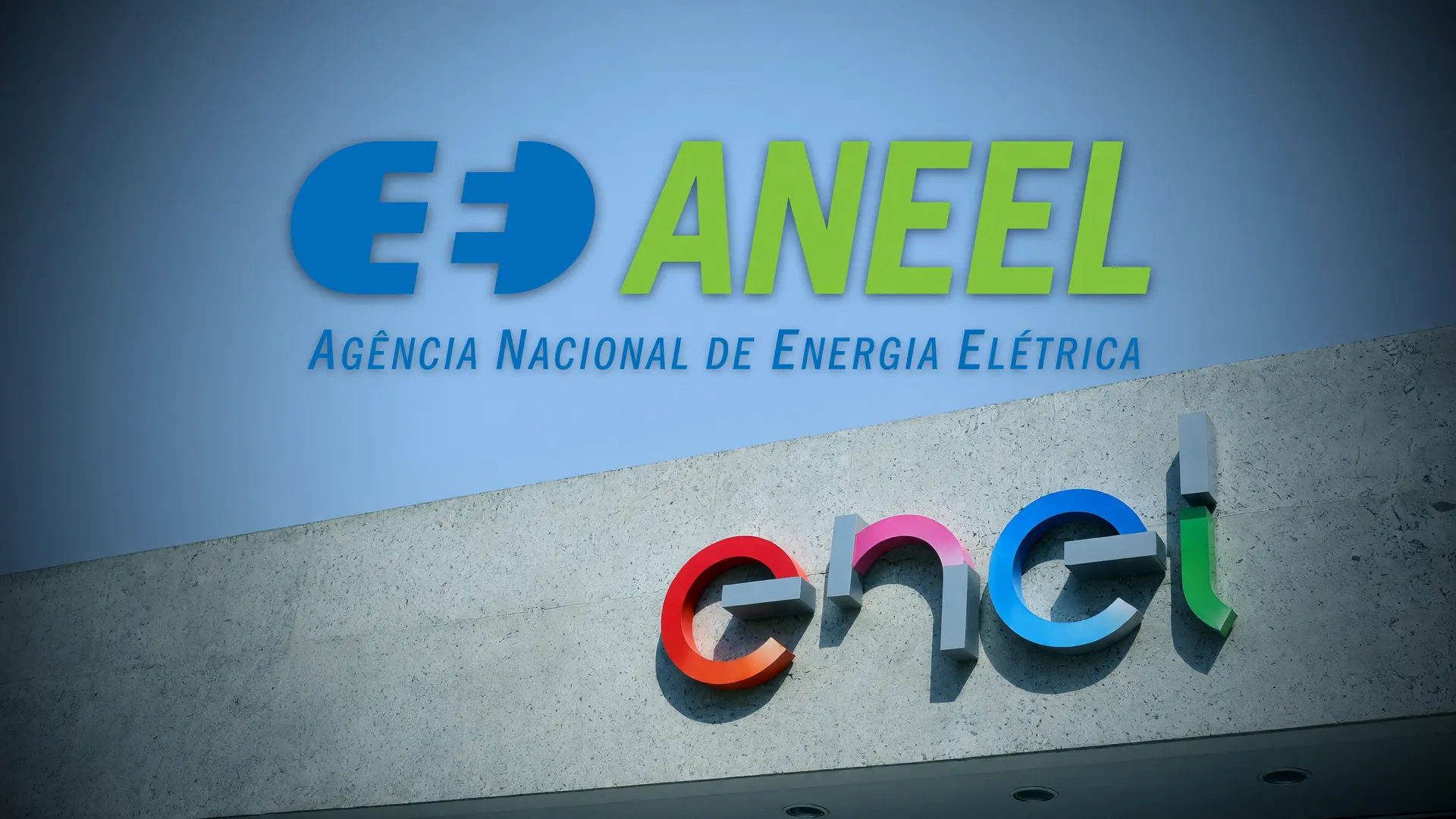 Logos da Aneel e Enel SP em confronto visual que representa o processo de caducidade da concessão Enel SP