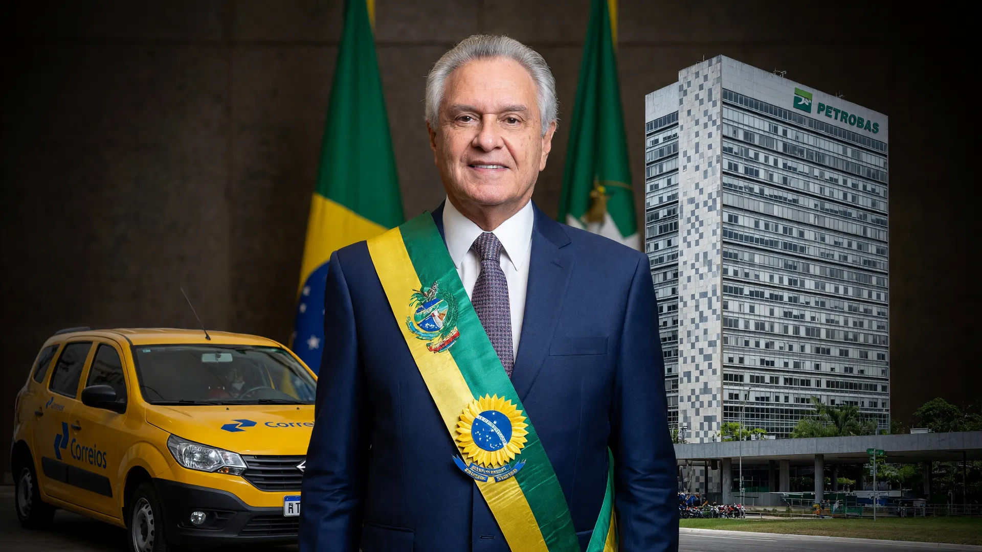 Caiado privatização Correios e Petrobras: candidato em retrato oficial com Correios e sede da Petrobras ao fundo