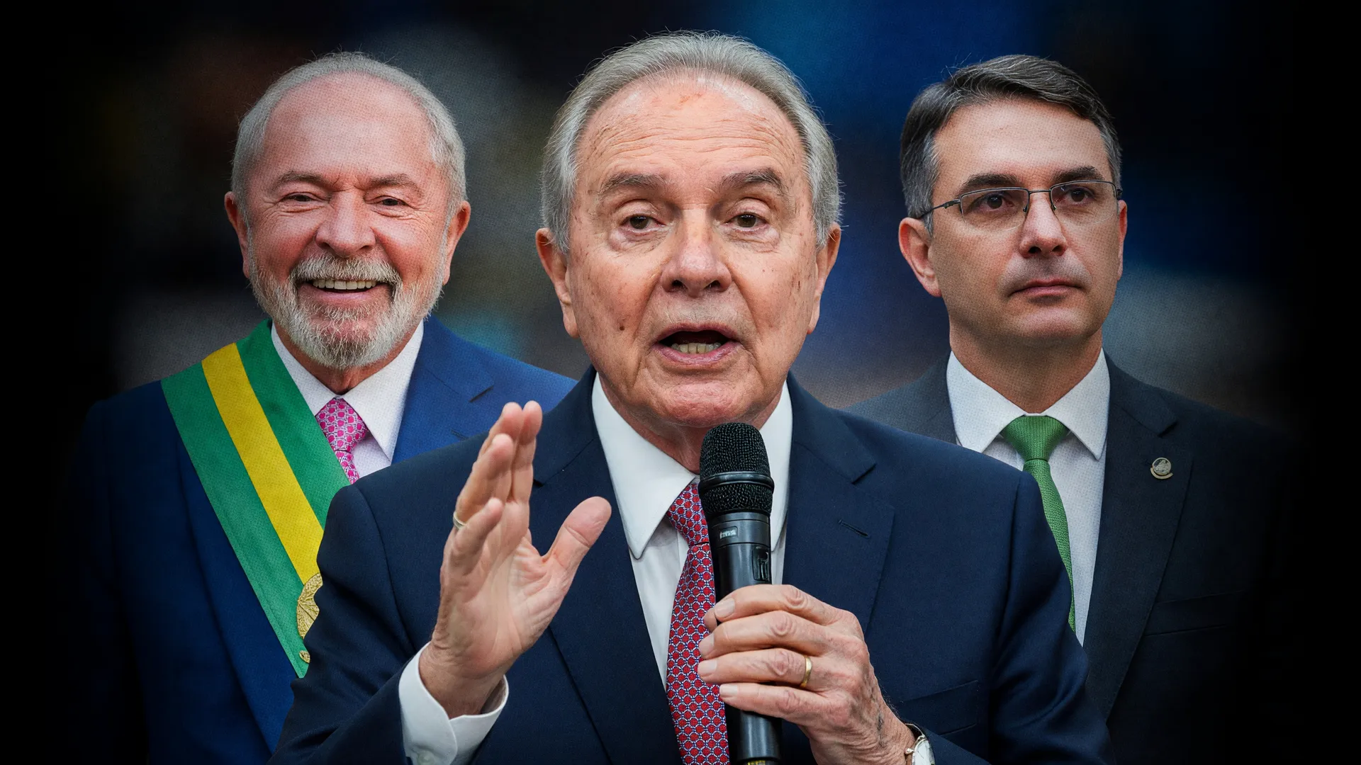 Caiado em sabatina faz gesto expressivo ao citar mensalão e rachadinha; Lula e Flávio Bolsonaro ao fundo