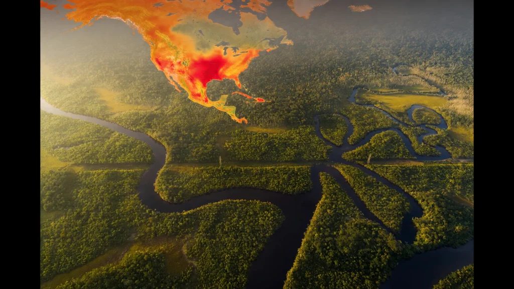 Vista aérea da Amazônia com tons alaranjados do El Niño ilustrando o calor recorde em Manaus durante seca prolongada