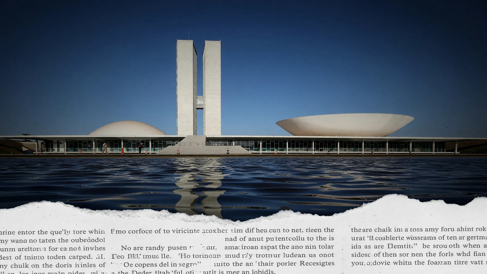 Câmara censura livro Independência do Brasil: Congresso Nacional refletido em espelho d'água sob tom dramático