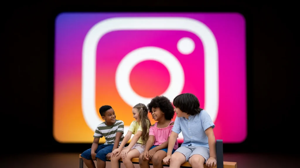 Logo do Instagram e crianças em escola, ilustrando a campanha do Instagram em escolas denunciada ao MP-SP