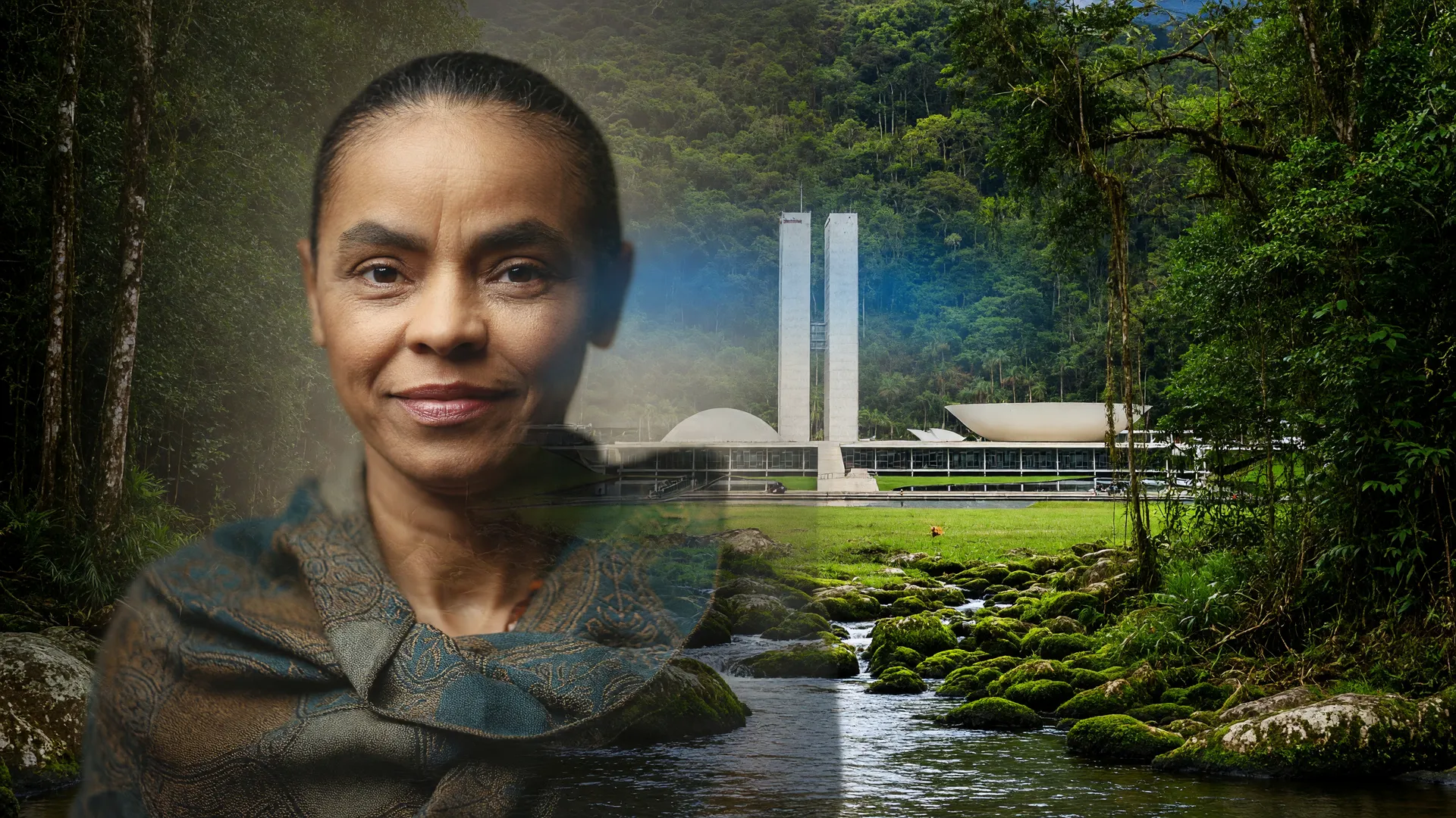 Marina Silva e candidatas ao Senado debate ambiental com Mata Atlântica ao fundo e Senado Federal em Brasília