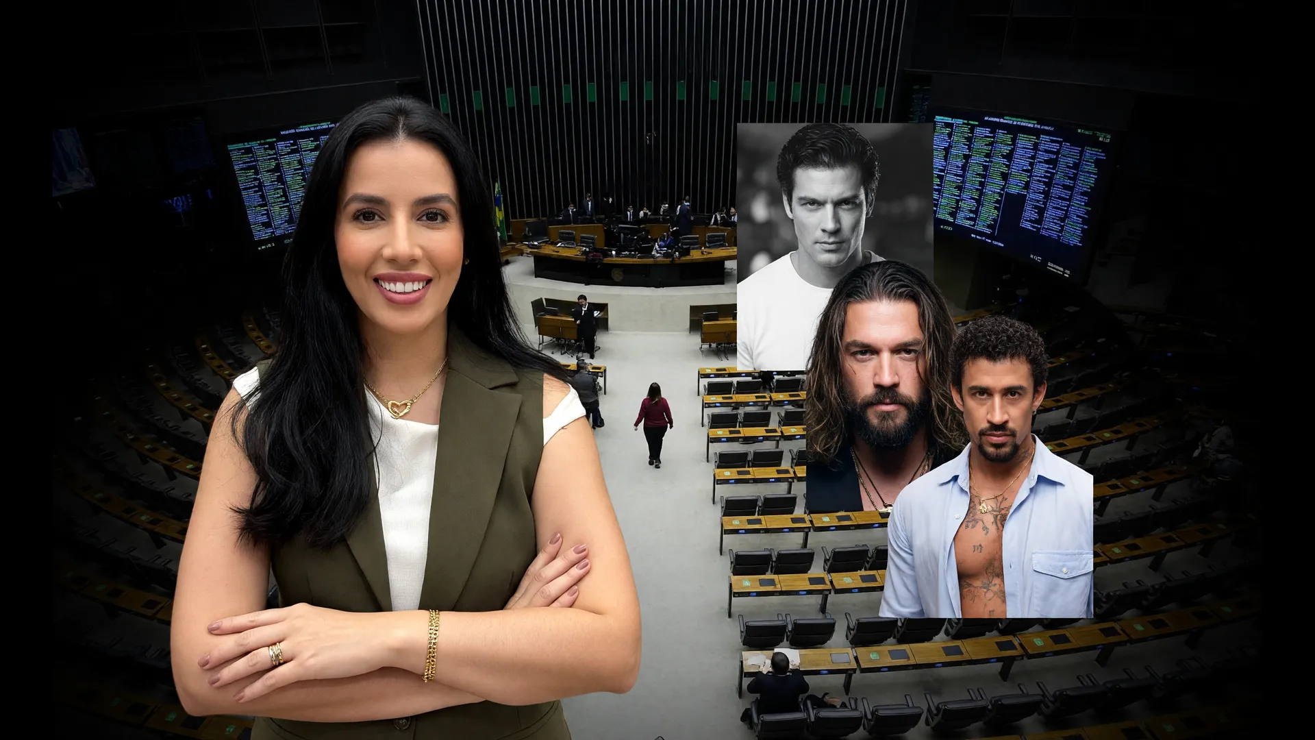 Mulher em blazer verde contrasta com retratos masculinos: sub-representação de candidatas mulheres nas eleições 2026